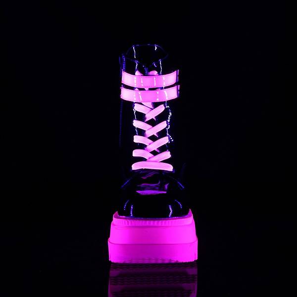Demonia Women's Shaker-52 Platform Boots - Black Patent/UV Neon Pink D5283-06US Clearance